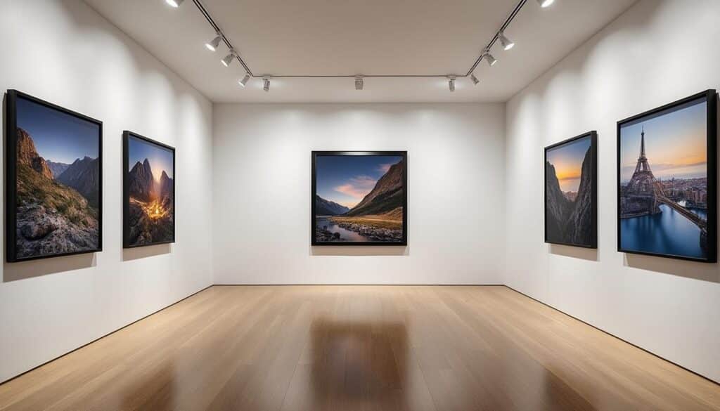 découvrez une exposition élégamment encadrée de tirages grand format dans une galerie, mettant en valeur l'art de l'impression photographique avec luxe et précision.