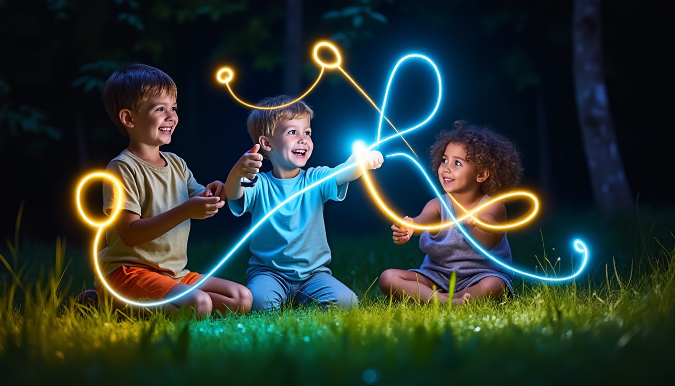 découvrez comment le dessin de formes lumineuses à la lampe de poche en pose longue fascine et amuse les enfants, stimulant leur créativité et leur imagination.