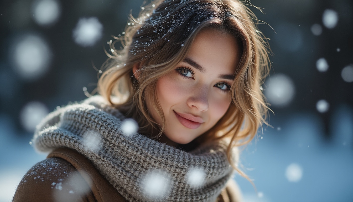 découvrez comment capturer de gros flocons de neige flous au premier plan pour apporter douceur et poésie à vos portraits photographiques.