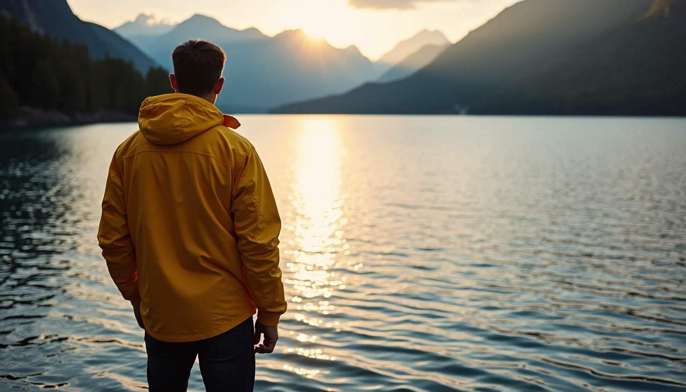 découvrez la magie d'un paysage serein avec une silhouette en veste jaune devant un lac, capturant l'essence d'un cliché photo naturel et captivant.