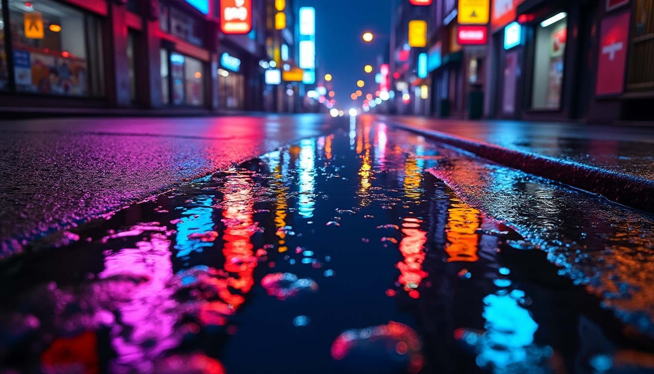 découvrez comment les reflets des néons dans les flaques d'eau subliment l'atmosphère pluvieuse d'une photo de rue, créant un décor à la fois vibrant et mélancolique.