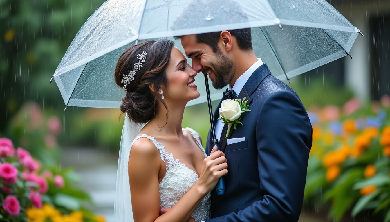 découvrez comment les parapluies transparents ont transformé une séance photo de mariage pluvieuse en un moment magique et inoubliable.