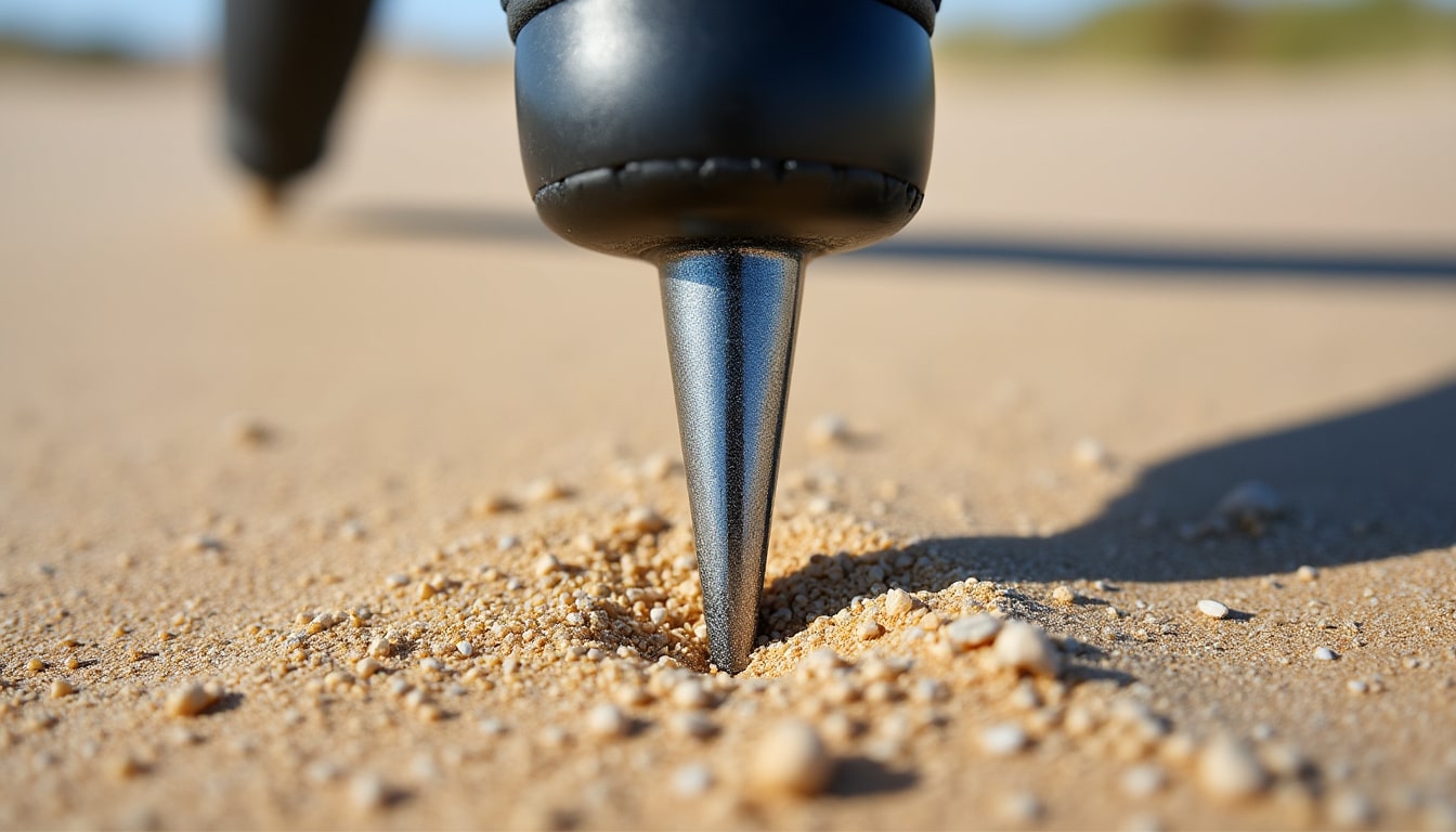 découvrez comment les pointes en métal assurent une ancrage solide du matériel dans le sable pour une stabilisation optimale du trépied.