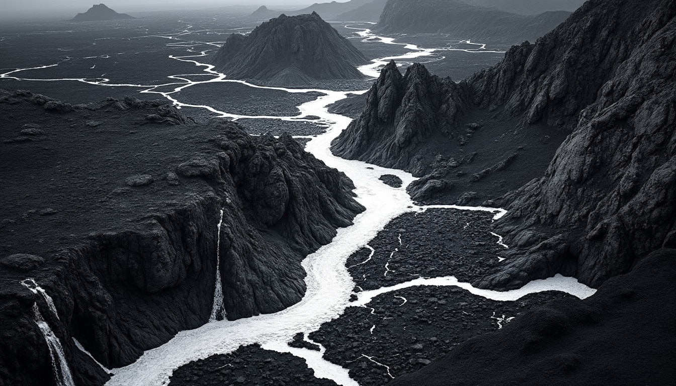 découvrez comment la retranscription des paysages volcaniques s'exprime à travers un puissant contraste en noir et blanc, capturant la beauté brute et dramatique de ces environnements impressionnants.
